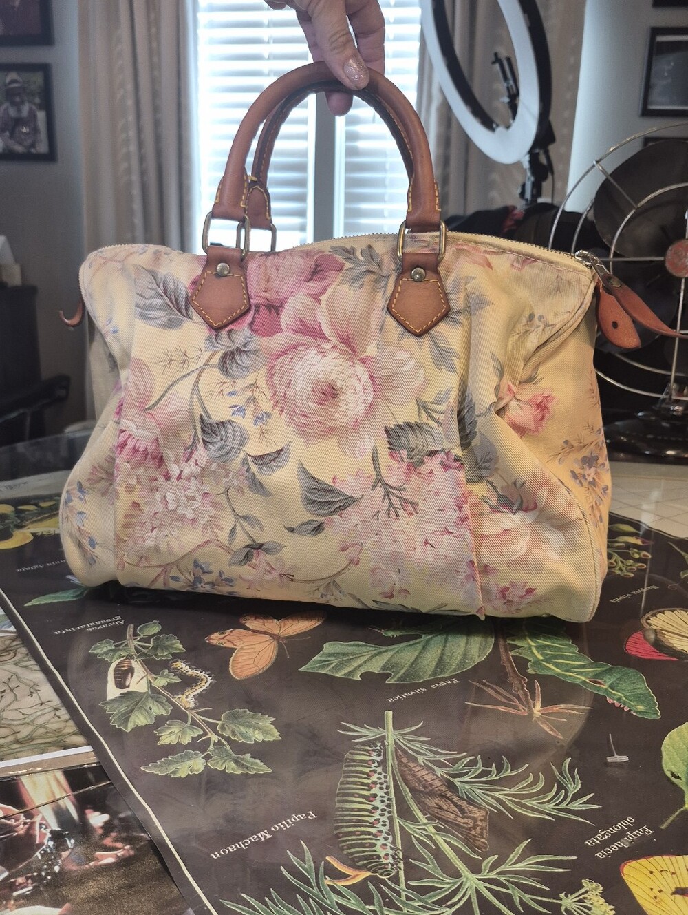 VINTAGE Ralph Lauren Pink Floral Canvas Tote with Brown Leather Handles - Picture 4 of 15